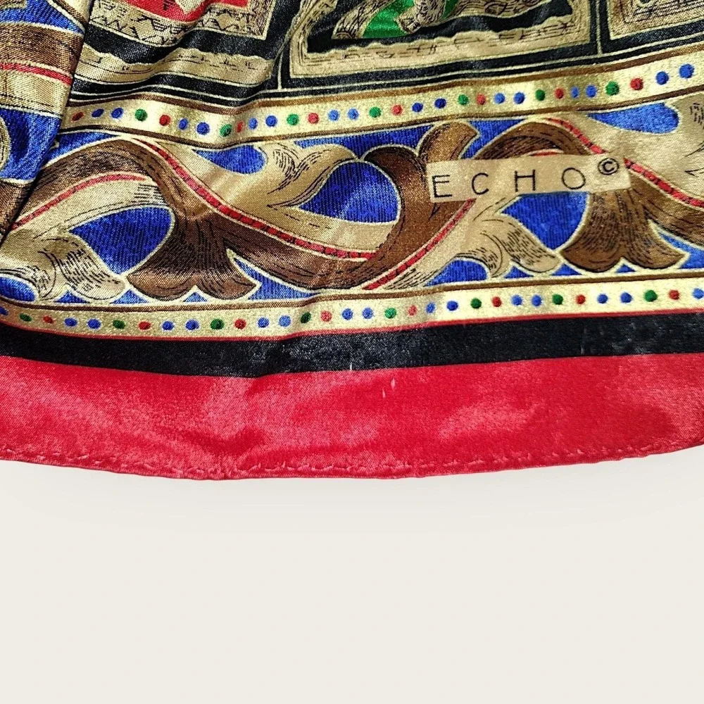 Vintage Echo Silk‎ Scarf Rectangle Floral Tile Print Gold Red